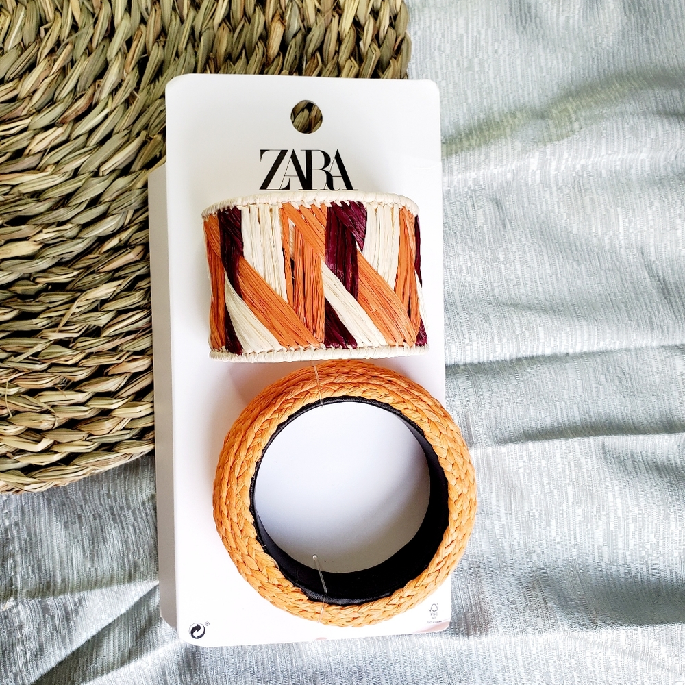 ZARA Natural Raffia & Mango Tree Wood Bracelet Set in Orange & Burgundy - Picture 9 of 10